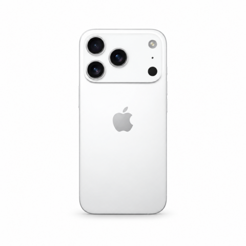 Светлый смартфон, вид сзади, с тремя камерами и логотипом Apple.